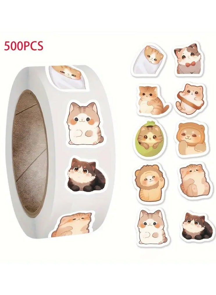 Goolsky 500pcs Cat Cartoon Sticker Roll - Matte Finish, Self-Adhesive Decals for Phone Cases, Notebooks, Envelopes & Journals - Image 1