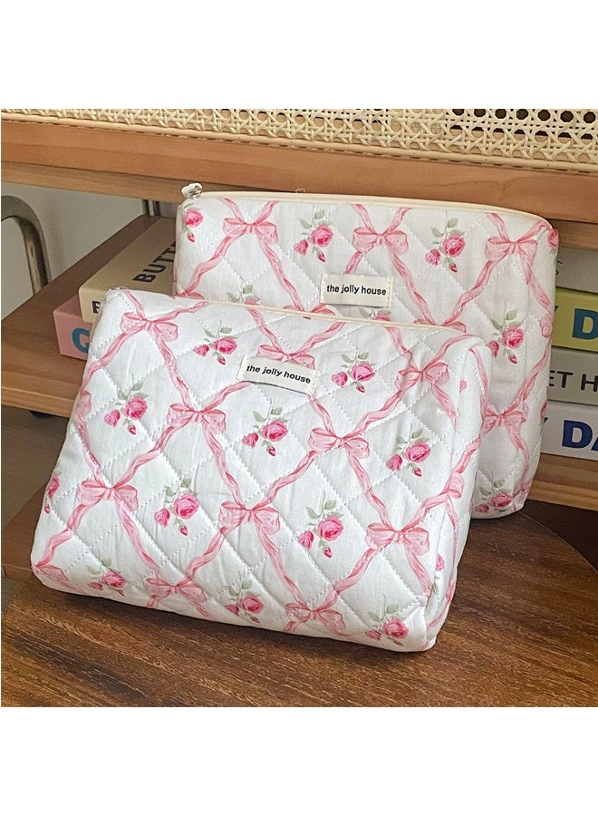 حقيبة مكياج كبيرة مبطنة من 3 قطع للنساء والفتيات، حقيبة مستحضرات تجميل قطنية جميلة مزينة بأزهار، حقائب أدوات الزينة المنظمة للسفر (أقواس وردية) - Image 4