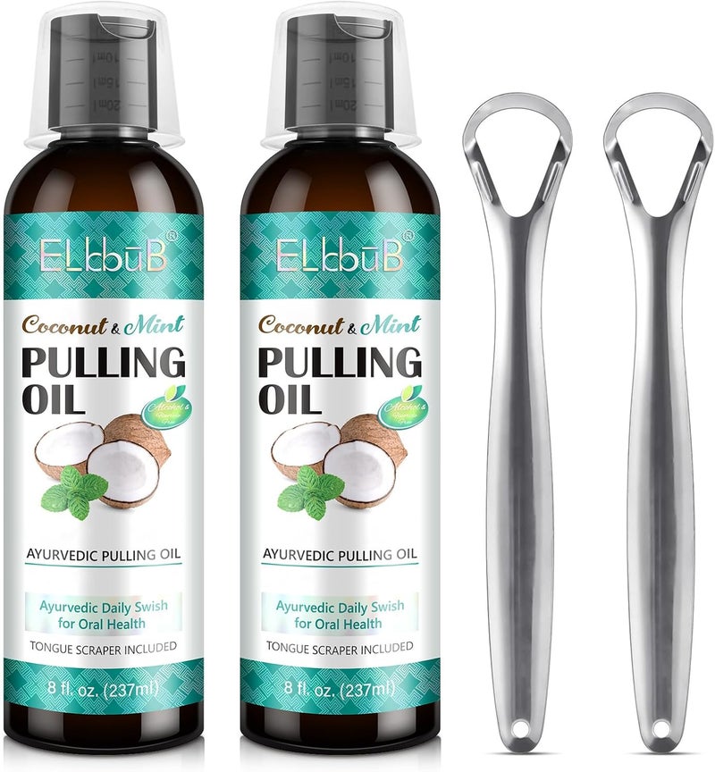 ELBBUB Coconut Pulling Oil - Ayurvedic Mint Oil Pulling Mouthwash with Tongue Scraper | Natural Essential Oils for Fresh Breath, Teeth Whitening & Healthy Gums | Alcohol-Free - Image 1