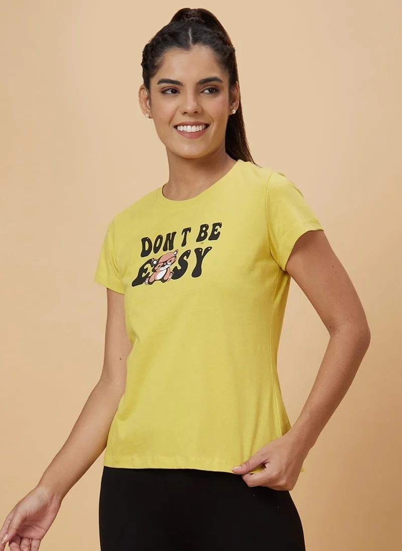 globus Globus Women Yellow Typography Round Neck Pure Cotton T-Shirt