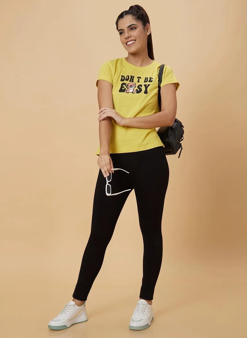 globus Globus Women Yellow Typography Round Neck Pure Cotton T-Shirt