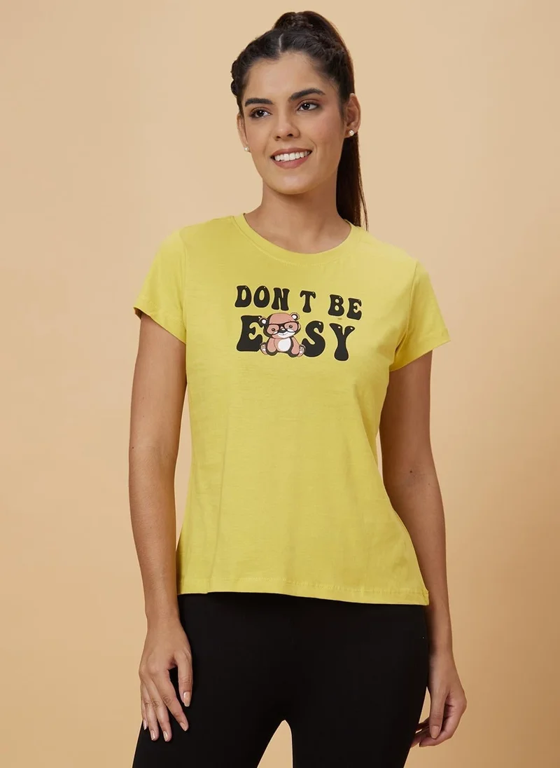 globus Globus Women Yellow Typography Round Neck Pure Cotton T-Shirt