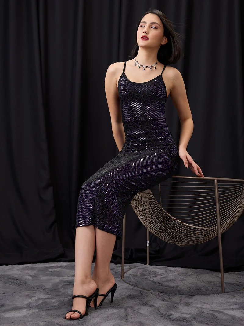 Women Purple Scoop Neck Strappy Shoulder Embellished Midi Bodycon Party Dress