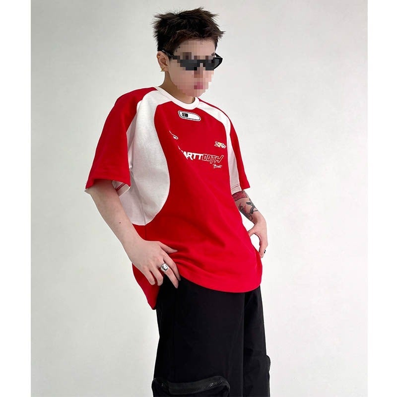 Generic Guochao Brand Color-matching Printed Short-sleeved T-shirt for Men and Women Loose cleanfit Round Neck Half Sleeve Summer Motorcycle Half Sleeve Red