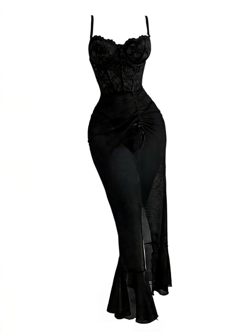 Sellcy Lace Trimmed Sheer Nightgown with Robe Set – Elegant,Sleepwear for Comfort & Style，black color - Image 1