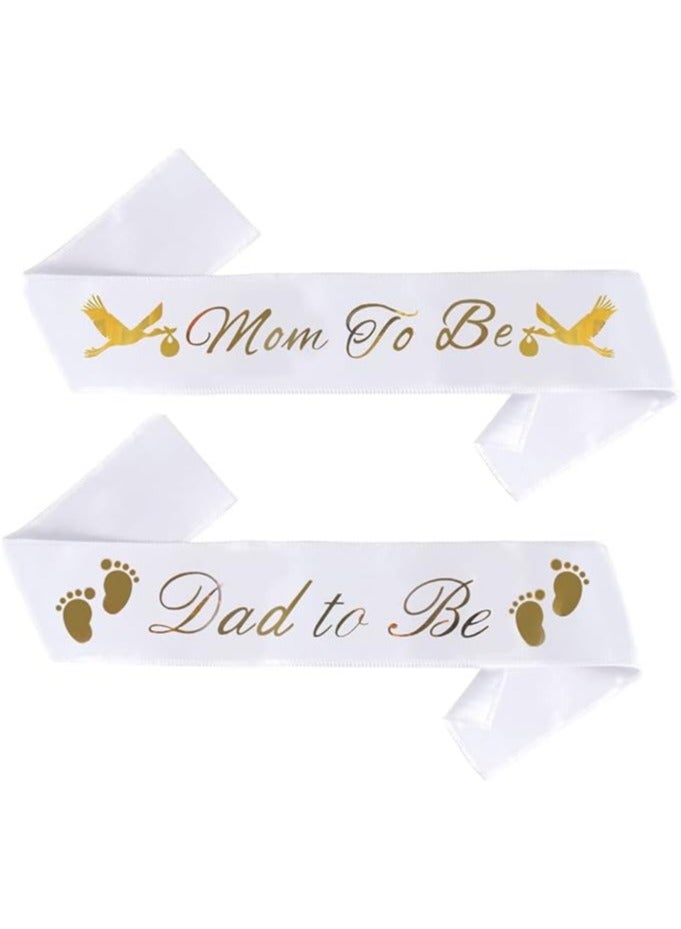 "Mom To Be" & "Dad To Be" Baby Shower Sash Bundle - With Cute Stork Image (White & Gold Lettering) Girl Boy Baby Shower Party Decorations, Gifts, Favors, Mommy Supplies Gender Reveal (White) - Image 1