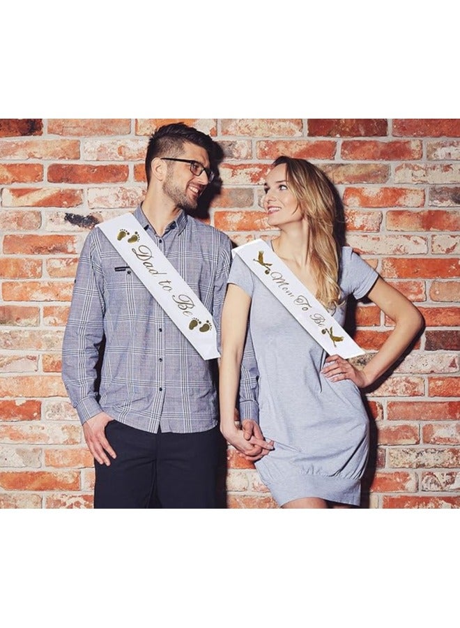 "Mom To Be" & "Dad To Be" Baby Shower Sash Bundle - With Cute Stork Image (White & Gold Lettering) Girl Boy Baby Shower Party Decorations, Gifts, Favors, Mommy Supplies Gender Reveal (White) - Image 2