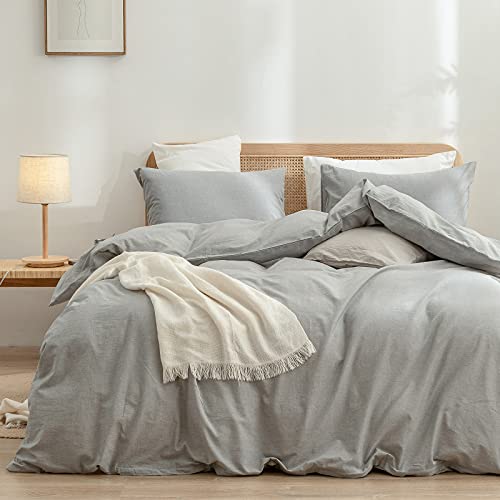 BESTOUCH Duvet Cover Set 100 Washed Cotton Linen Feel Super Soft Comfortable Chic Lightweight 3 PCs Home Bedding Set Solid Light Grey FullDouble