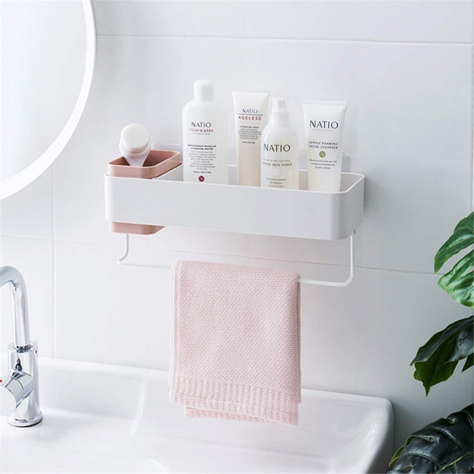 ADHESIVE BATHROOM WALL CADDY BATHROOM SHOWER ORGANIZER HANGING SHELVES NO DRILLING SHAMPOO HOLDER PINK