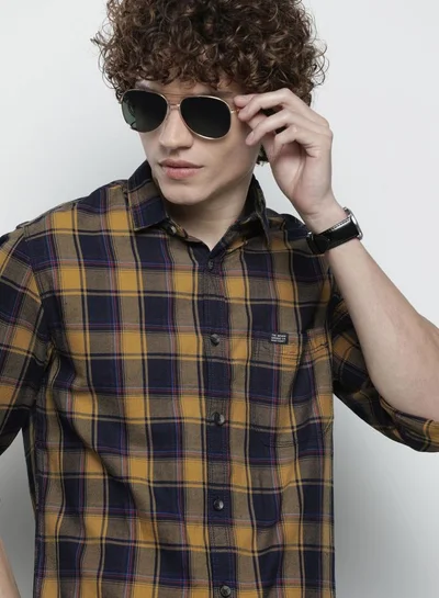 شركة المرآب الهندية Men Slim Fit Checkered Full Sleeves Spread Collar Casual Shirt