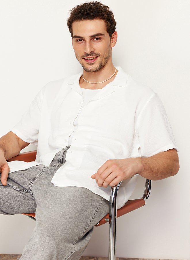 trendyol White Oversize Fit Summer Short Sleeve Linen Look Shirt  - Image 2
