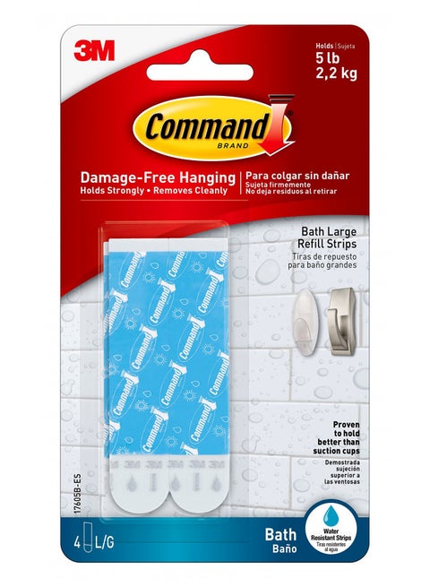 Command Bath Large Water-Resistant Adhesive Refill Strips, 4-Large Strips, Re-Hang Large Bath Hooks or Caddies