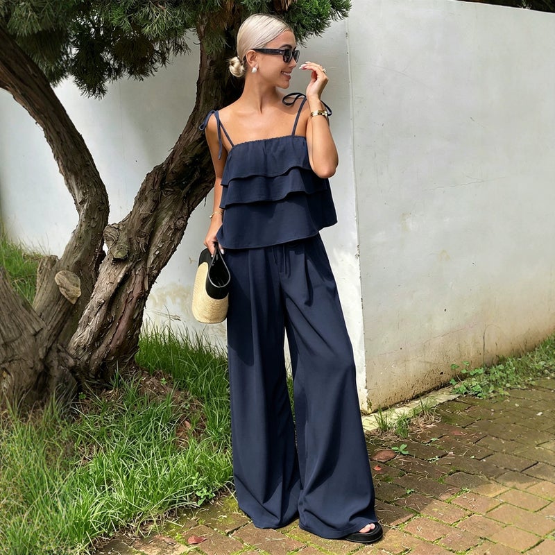 European Ruffled Camisole Wide-Leg Pants Set - Image 1