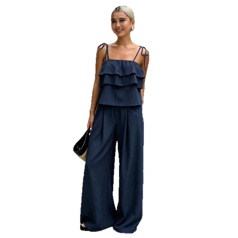 European Ruffled Camisole Wide-Leg Pants Set - Image 5