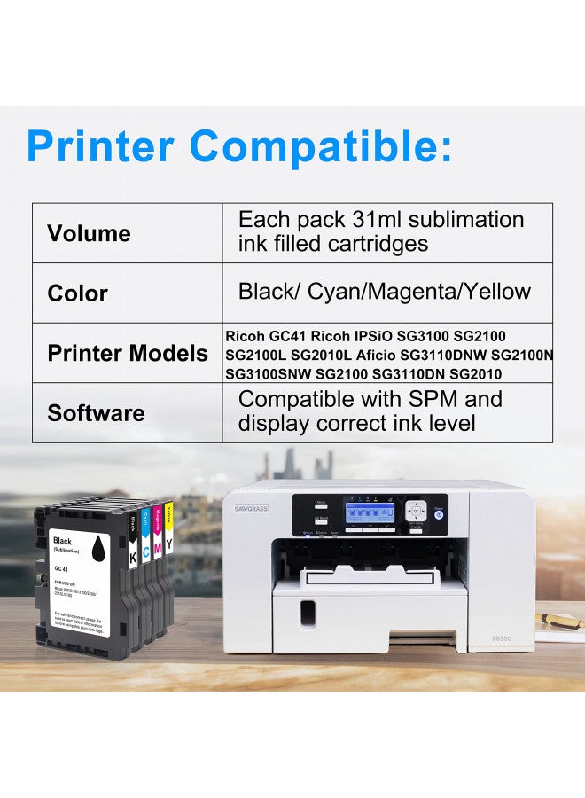 Aomya 4 Pack GC41 Sublimation Ink Cartridge Heat Transfer Compatible for Ricoh GC41 for Ricoh IPSiO SG3100 SG2100 SG2100L SG2010L Aficio SG3110DNW SG2100N SG3100SNW SG2100 SG3110DN SG2010 - Image 1