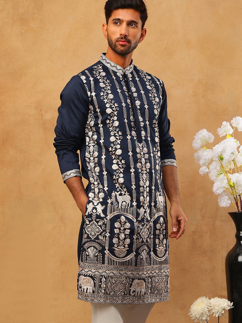 NOZ2TOZ Navy Silk Blend Embroidered Kurta for Men - Image 1