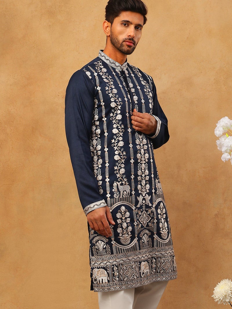 NOZ2TOZ Navy Silk Blend Embroidered Kurta for Men - Image 4