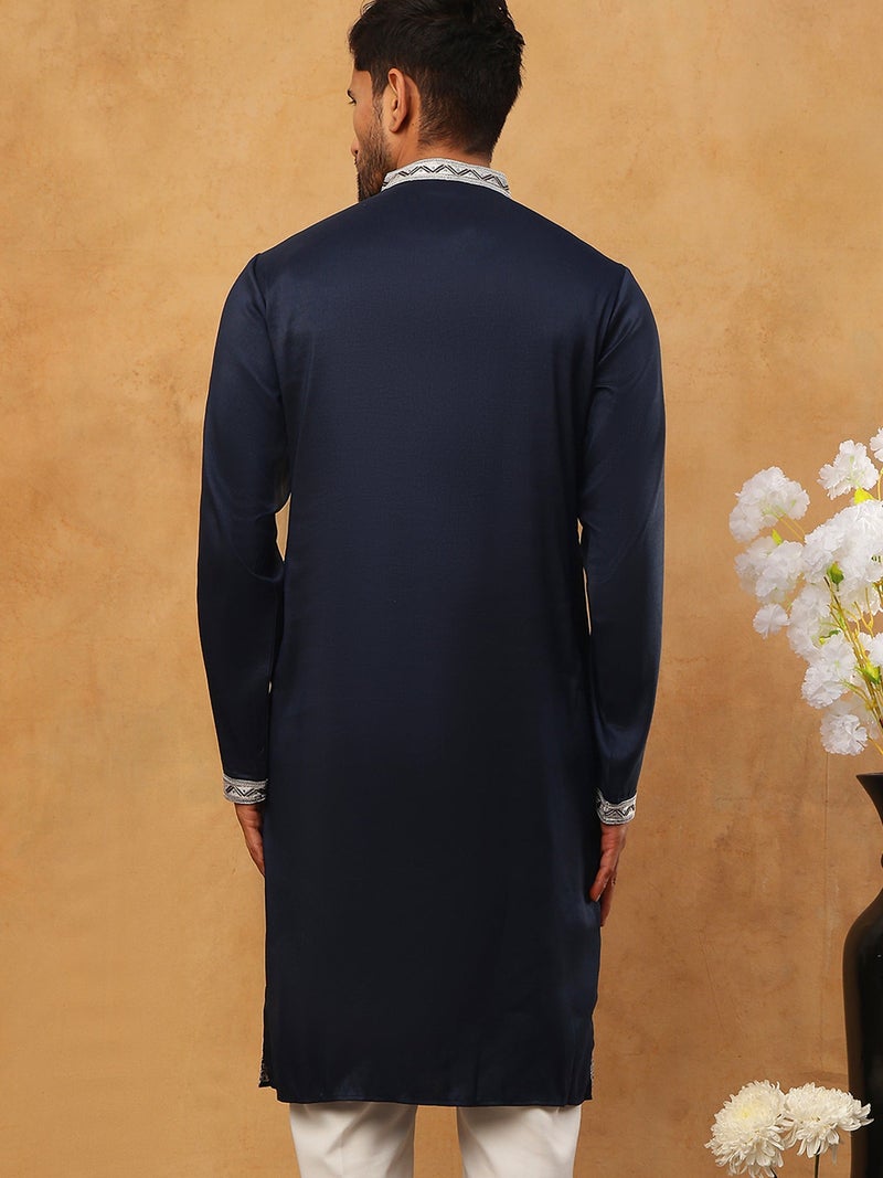 NOZ2TOZ Navy Silk Blend Embroidered Kurta for Men - Image 2
