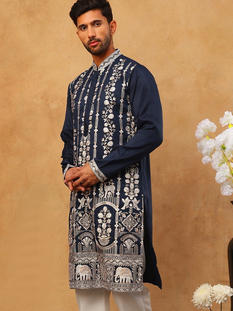NOZ2TOZ Navy Silk Blend Embroidered Kurta for Men - Image 3