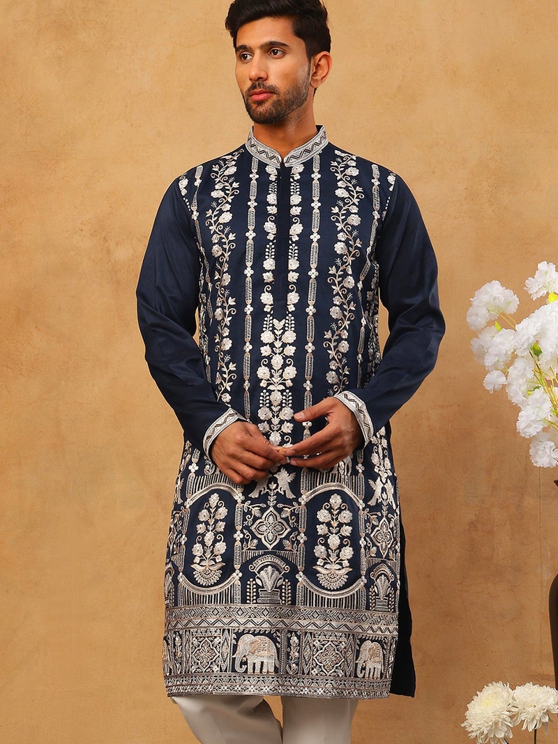 NOZ2TOZ Navy Silk Blend Embroidered Kurta for Men - Image 5