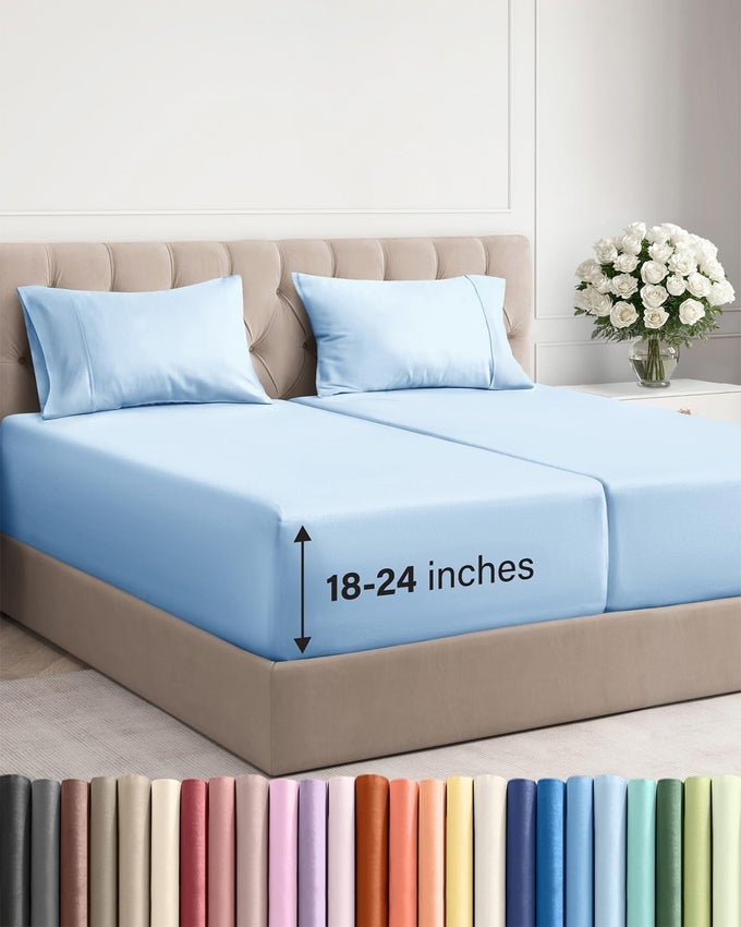 EXTRA DEEP POCKET SPLIT KING SHEETS 5 PIECE BREATHABLE COOLING BED SHEETS HOTEL LUXURY BED SHEET SET SOFT WRINKLE FREE COMFY EASILY FITS EXTRA DEEP MATTRESSES LIGHT BLUE SHEETS SET