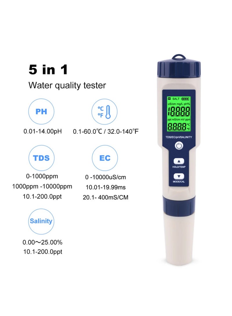 جهاز قياس جودة المياه الرقمي 5 في 1، جهاز اختبار درجة الحموضة بدقة عالية 0.01 للمياه، TDS/EC/الملوحة/درجة الحرارة/PH، قلم قياس PPM، جهاز اختبار مياه لمياه الشرب والنباتات المائية وأحواض السمك وحمامات السباحة - Image 2