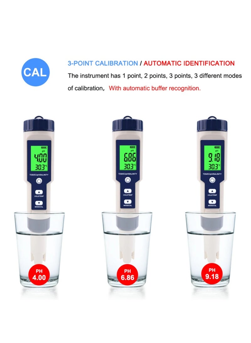 جهاز قياس جودة المياه الرقمي 5 في 1، جهاز اختبار درجة الحموضة بدقة عالية 0.01 للمياه، TDS/EC/الملوحة/درجة الحرارة/PH، قلم قياس PPM، جهاز اختبار مياه لمياه الشرب والنباتات المائية وأحواض السمك وحمامات السباحة - Image 3