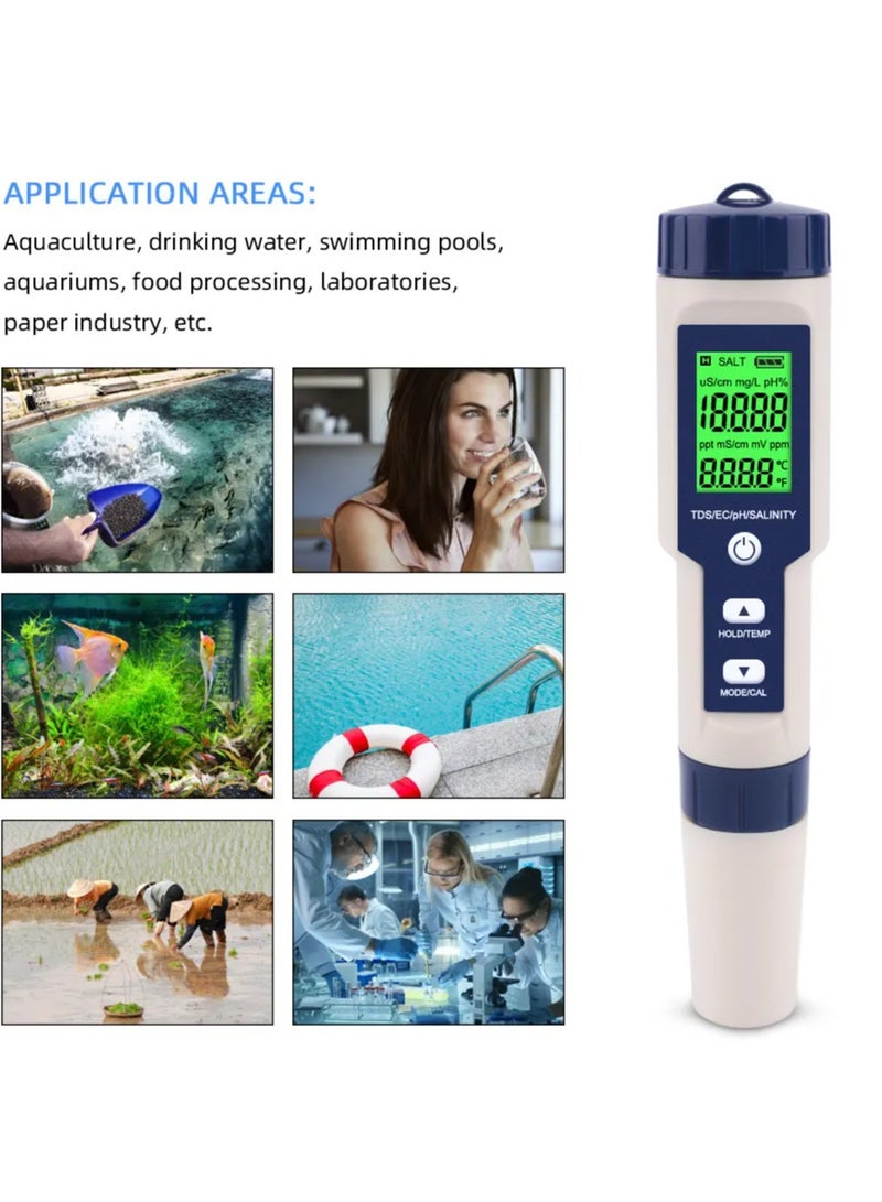 جهاز قياس جودة المياه الرقمي 5 في 1، جهاز اختبار درجة الحموضة بدقة عالية 0.01 للمياه، TDS/EC/الملوحة/درجة الحرارة/PH، قلم قياس PPM، جهاز اختبار مياه لمياه الشرب والنباتات المائية وأحواض السمك وحمامات السباحة - Image 4