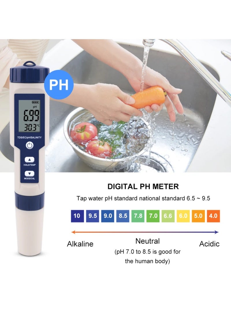 جهاز قياس جودة المياه الرقمي 5 في 1، جهاز اختبار درجة الحموضة بدقة عالية 0.01 للمياه، TDS/EC/الملوحة/درجة الحرارة/PH، قلم قياس PPM، جهاز اختبار مياه لمياه الشرب والنباتات المائية وأحواض السمك وحمامات السباحة - Image 5