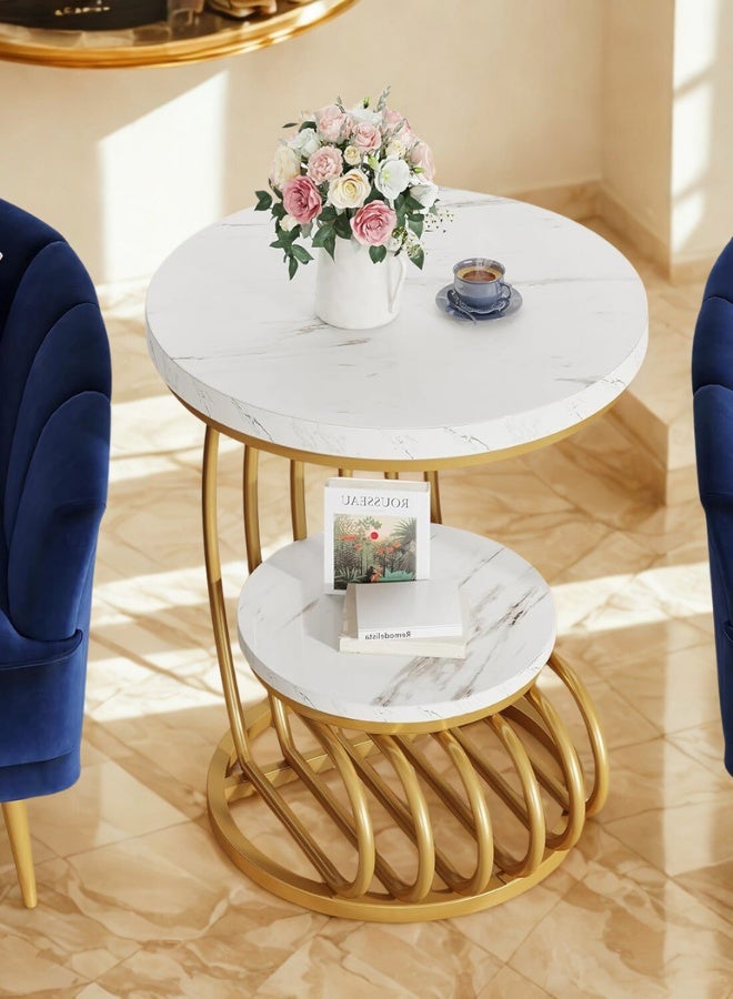 Homeonaire Luxury 2-Tier Round End Table with White Faux Marble Tops and Unique Gold Metal Frame | Modern Accent Side Table or Nightstand with Storage - Image 2