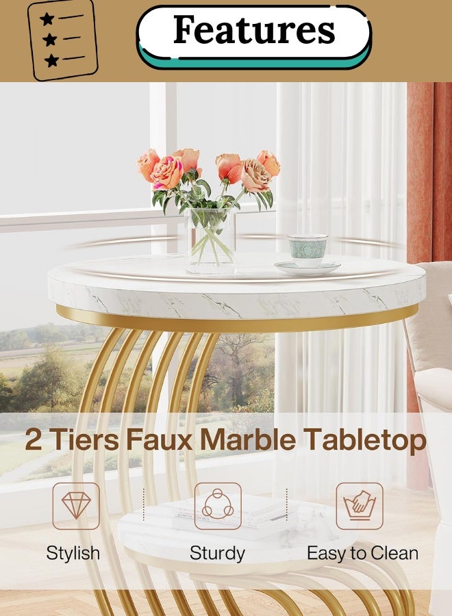 Homeonaire Luxury 2-Tier Round End Table with White Faux Marble Tops and Unique Gold Metal Frame | Modern Accent Side Table or Nightstand with Storage - Image 3