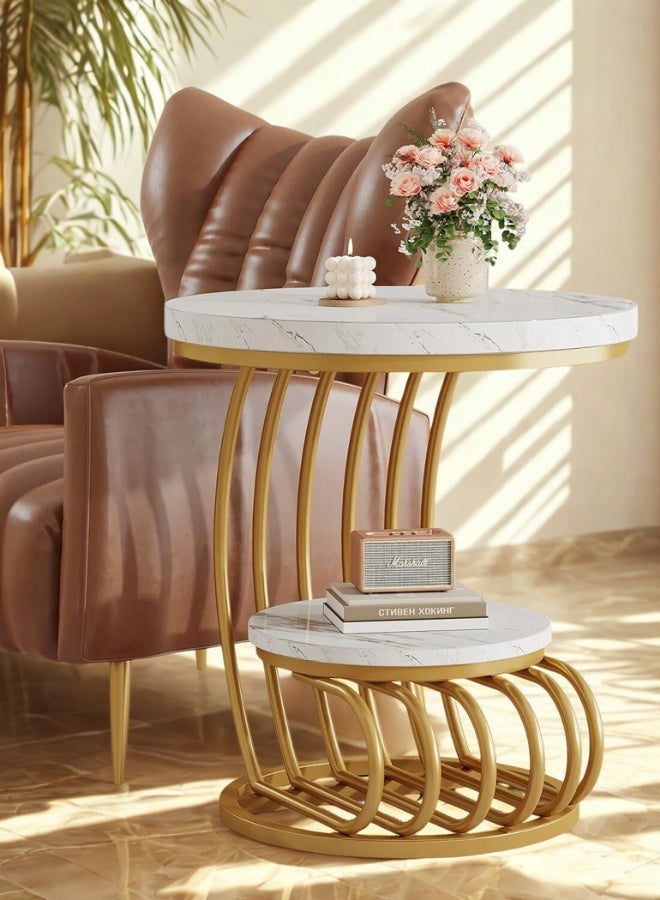 Homeonaire Luxury 2-Tier Round End Table with White Faux Marble Tops and Unique Gold Metal Frame | Modern Accent Side Table or Nightstand with Storage - Image 1