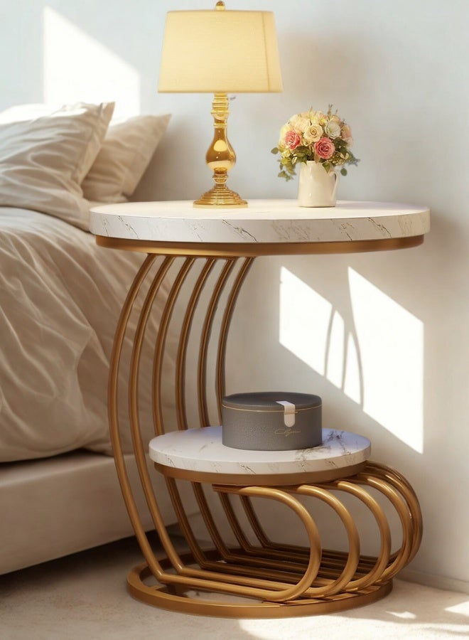 Homeonaire Luxury 2-Tier Round End Table with White Faux Marble Tops and Unique Gold Metal Frame | Modern Accent Side Table or Nightstand with Storage - Image 5