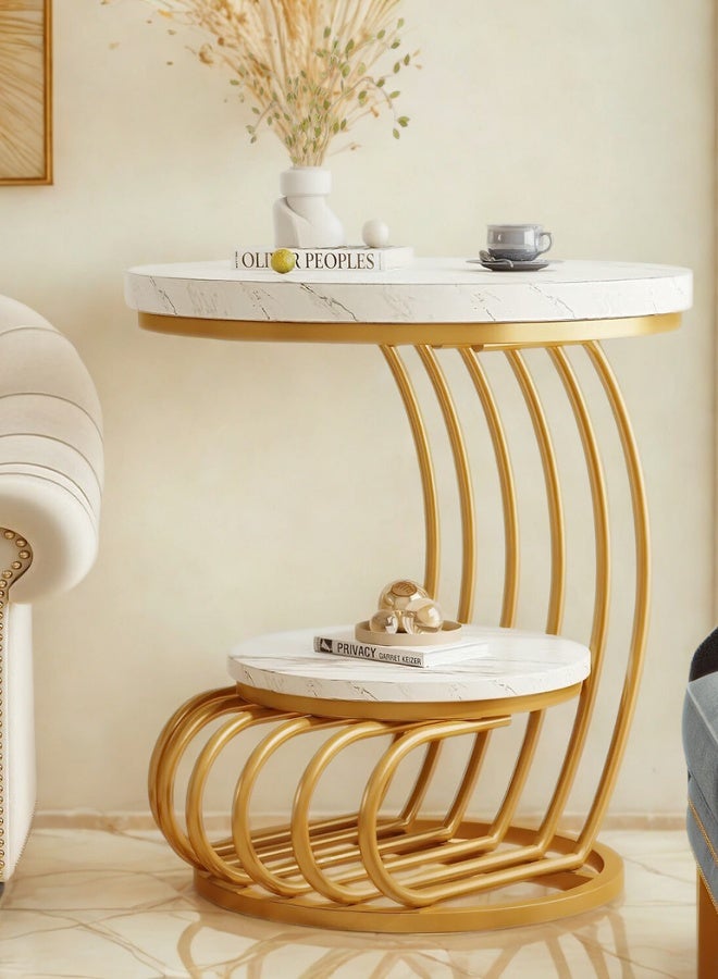 Homeonaire Luxury 2-Tier Round End Table with White Faux Marble Tops and Unique Gold Metal Frame | Modern Accent Side Table or Nightstand with Storage - Image 4