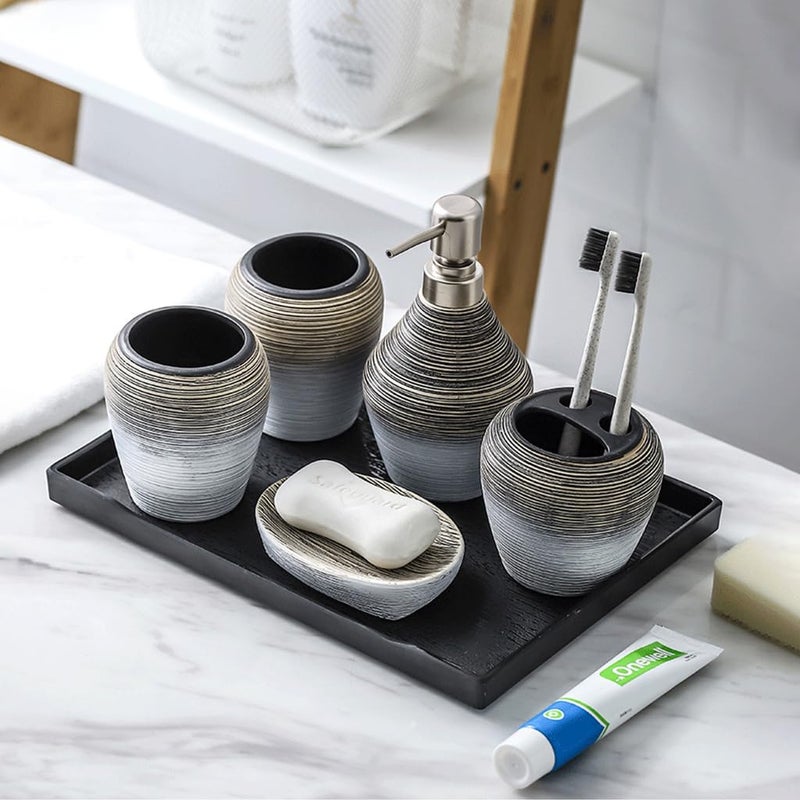 HASTHIP® 5Pcs Ceramic Bathroom Accessories Set Two-Color Matching Design Bathroom Accessories Handwash Bottle Soap Dispenser and Toothbrush Holder Set for Kitchen (No Tray) - Image 2