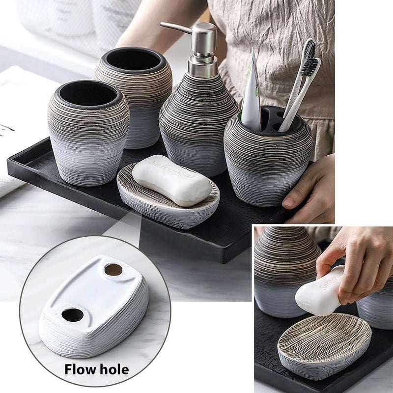 HASTHIP® 5Pcs Ceramic Bathroom Accessories Set Two-Color Matching Design Bathroom Accessories Handwash Bottle Soap Dispenser and Toothbrush Holder Set for Kitchen (No Tray) - Image 5