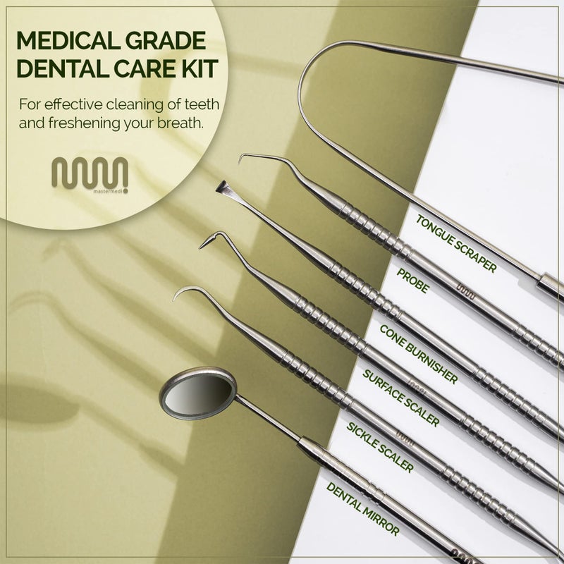 MasterMedi 6 Pack Dental Tools Teeth Cleaning Kit, Plaque Tartar Remover for Teeth and Oral Care for Adults, Kids and Pets, Includes Tongue Scraper, Mirror, Probe, 100% Stainless Steel Dental Kit with Case - Image 2