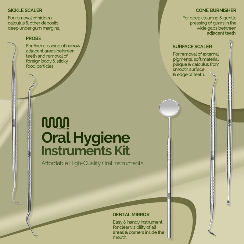 MasterMedi 6 Pack Dental Tools Teeth Cleaning Kit, Plaque Tartar Remover for Teeth and Oral Care for Adults, Kids and Pets, Includes Tongue Scraper, Mirror, Probe, 100% Stainless Steel Dental Kit with Case - Image 3