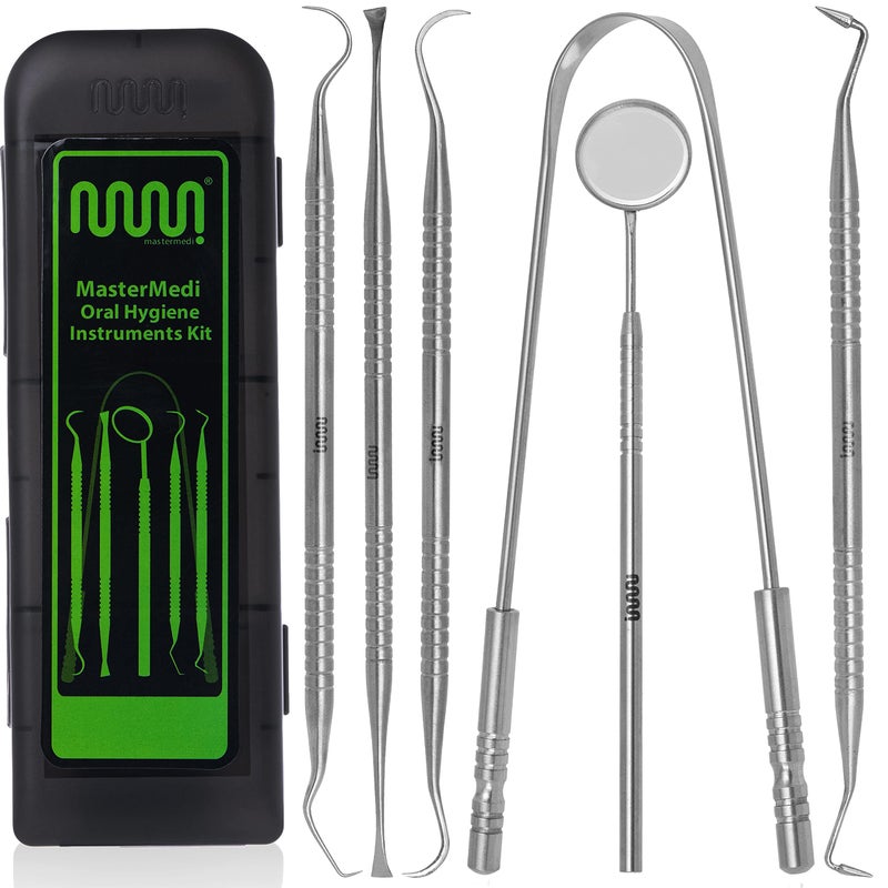 MasterMedi 6 Pack Dental Tools Teeth Cleaning Kit, Plaque Tartar Remover for Teeth and Oral Care for Adults, Kids and Pets, Includes Tongue Scraper, Mirror, Probe, 100% Stainless Steel Dental Kit with Case - Image 1