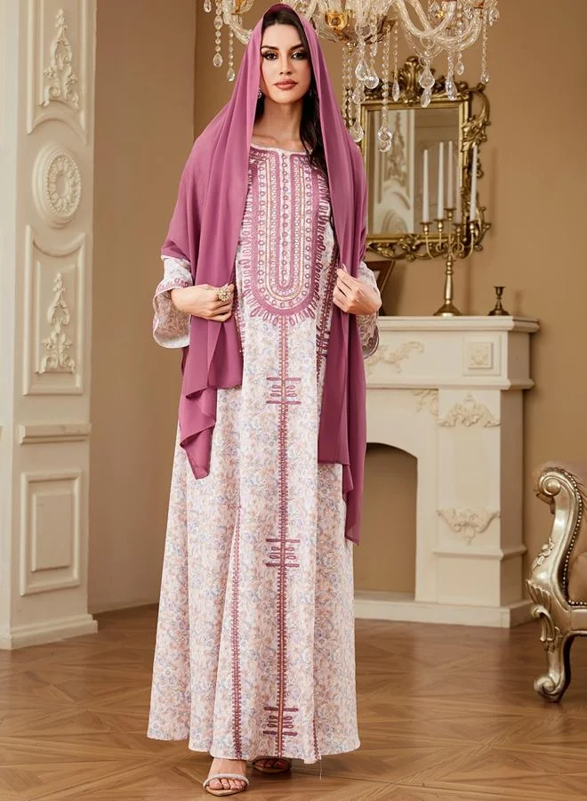 تايك تو جلابية بتفاصيل مطرزة وطبعة زهور مع حجاب