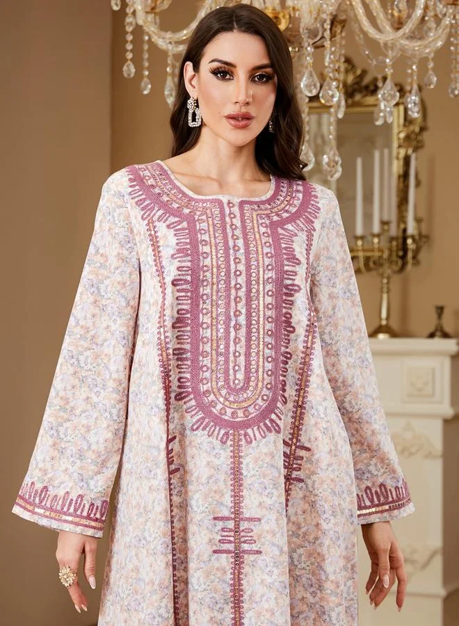 تايك تو جلابية بتفاصيل مطرزة وطبعة زهور مع حجاب