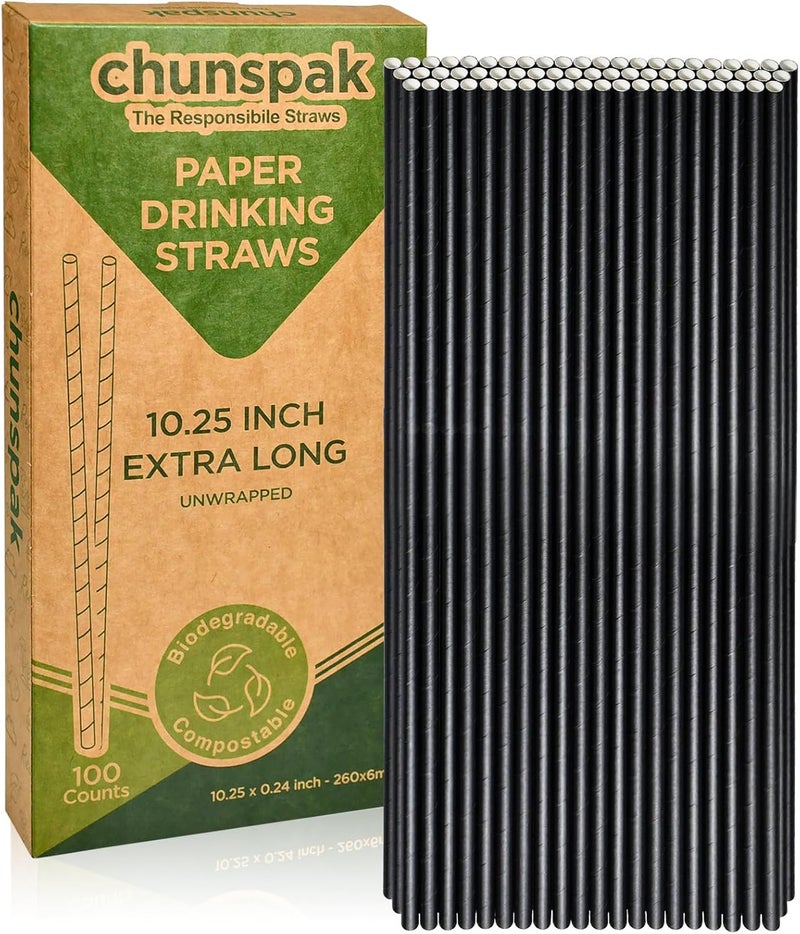 chunspak قصبة ورقية طويلة سوداء، طول إضافي 10.25 بوصة، عدد 100، قابلة للتحلل البيولوجي بنسبة 100%، مثالية للكوكتيلات الطويلة وزجاجات الصودا والحانات والمطاعم - Image 1