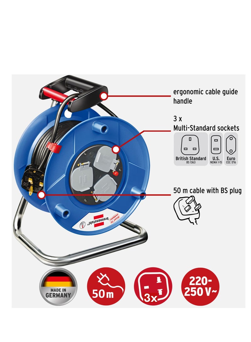 Brennenstuhl Garant Multistandard 50 m cable reel, 3-way (sockets suitable for BS, U.S. and EURO plugs, with steel tube frame and ergonomic handle), Made in Germany - Image 2