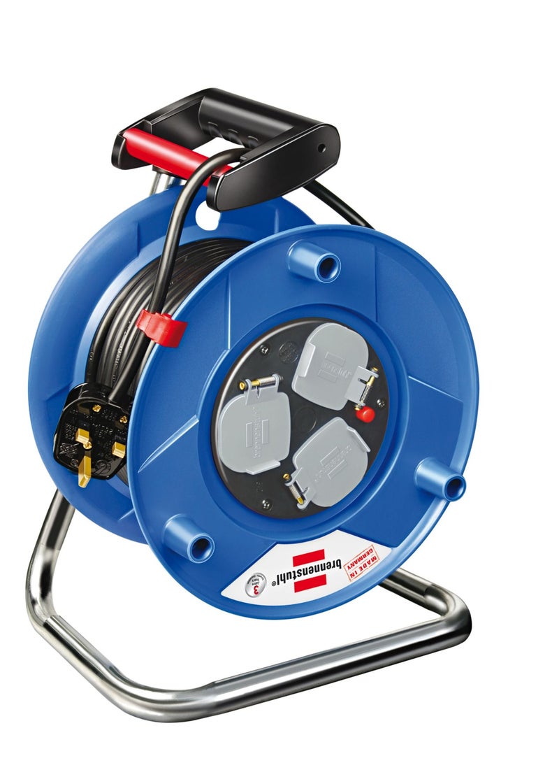 Brennenstuhl Garant Multistandard 50 m cable reel, 3-way (sockets suitable for BS, U.S. and EURO plugs, with steel tube frame and ergonomic handle), Made in Germany - Image 1
