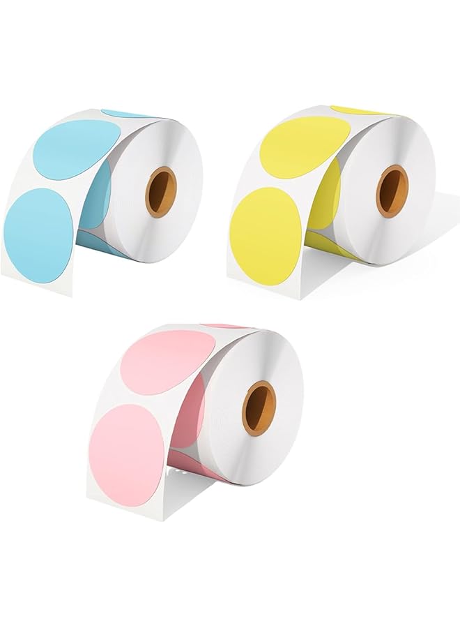 إيروريكس ملصقات حرارية دائرية ملونة بعلامات اسم للترميز للاستخدام المنزلي 50.8 مم × 50.8 مم 3 لفات 500 لفة ملصقات صفراء زرقاء وردية - Image 1
