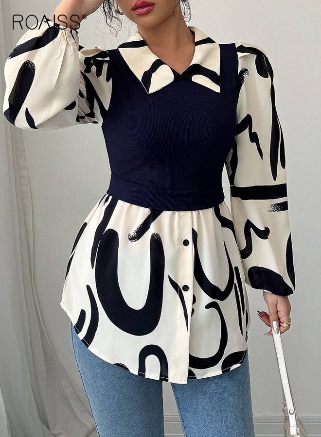 رويس قميص نسائي بفتحة رقبة على شكل حرف V، بلوزة مطبوعة من قطعتين مزيفة بأكمام طويلة، ملابس كاجوال للمنتجعات والمكتب، بلوزة بأكمام منتفخة بربطة عنق على الخصر غير قابلة للكي، باللونين الأسود والأبيض - Image 2