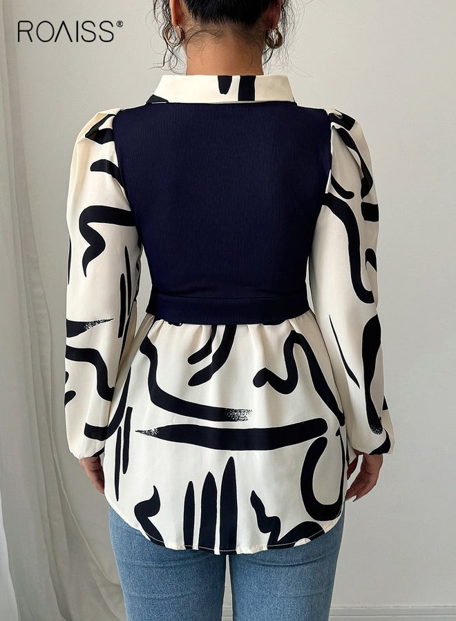 رويس قميص نسائي بفتحة رقبة على شكل حرف V، بلوزة مطبوعة من قطعتين مزيفة بأكمام طويلة، ملابس كاجوال للمنتجعات والمكتب، بلوزة بأكمام منتفخة بربطة عنق على الخصر غير قابلة للكي، باللونين الأسود والأبيض - Image 5