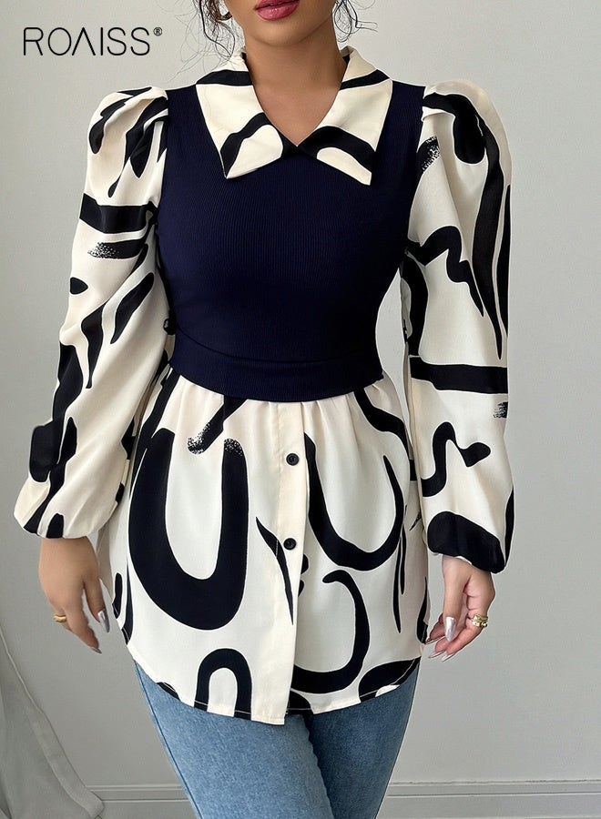 رويس قميص نسائي بفتحة رقبة على شكل حرف V، بلوزة مطبوعة من قطعتين مزيفة بأكمام طويلة، ملابس كاجوال للمنتجعات والمكتب، بلوزة بأكمام منتفخة بربطة عنق على الخصر غير قابلة للكي، باللونين الأسود والأبيض - Image 4