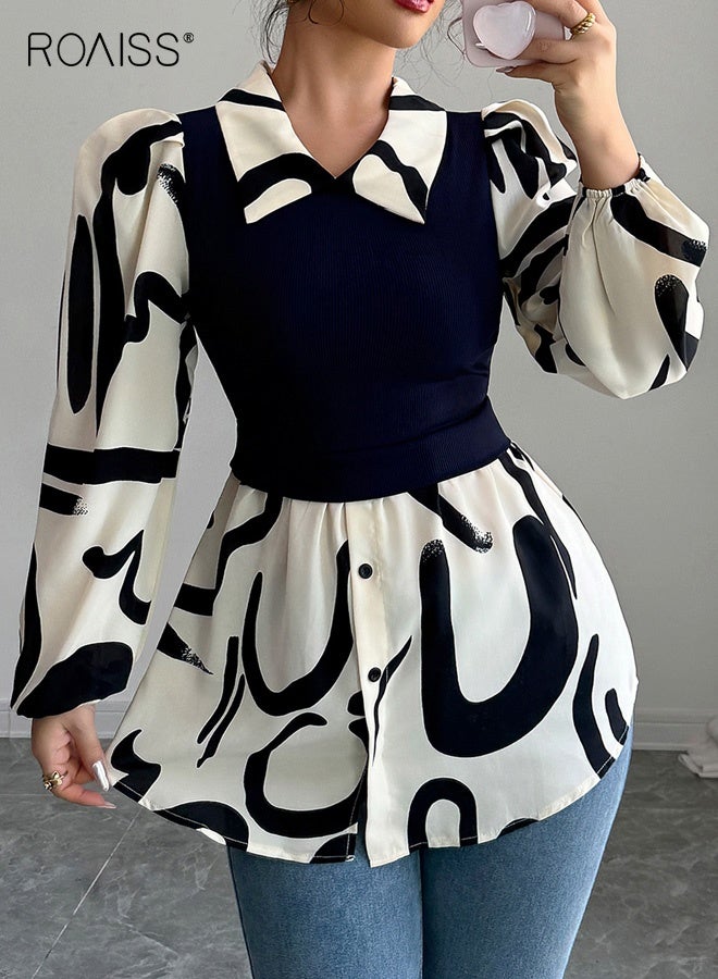 رويس قميص نسائي بفتحة رقبة على شكل حرف V، بلوزة مطبوعة من قطعتين مزيفة بأكمام طويلة، ملابس كاجوال للمنتجعات والمكتب، بلوزة بأكمام منتفخة بربطة عنق على الخصر غير قابلة للكي، باللونين الأسود والأبيض - Image 1