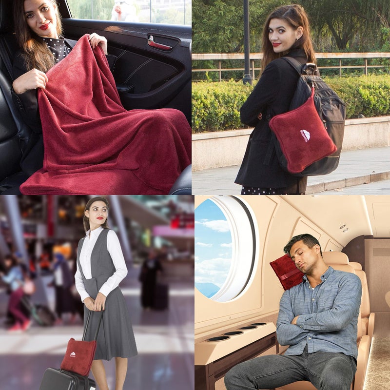 BlueHills Premium Soft Travel Blanket Pillow Airplane Blanket Packed in Soft Bag Pillowcase with Hand Luggage Belt and Backpack Clip, Compact Pack Large Plane for Any Travel (Red T001) - Image 2